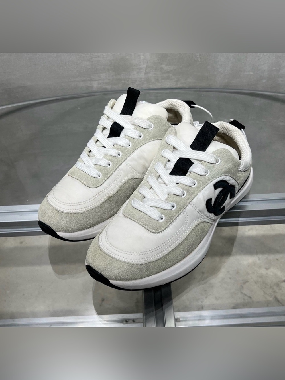CHANEL White & Light Gray Suede-Trim Runner Sneakers